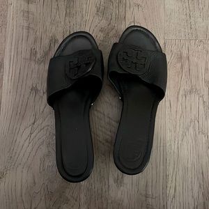 Black Tory Burch wedge sandals, black with gold accent